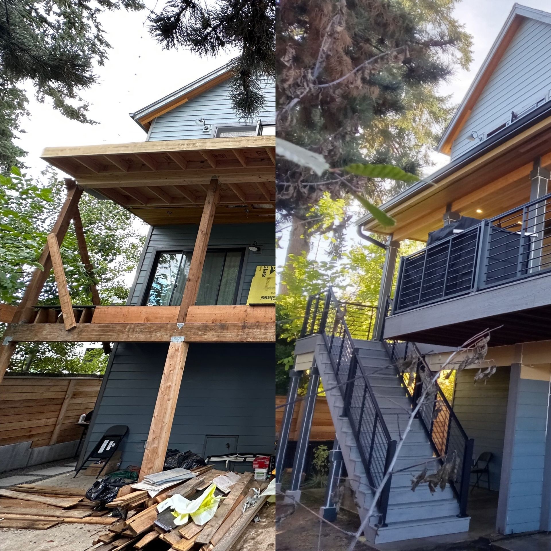 Side-by-side photos showing a house porch under construction and the completed porch with stairs.